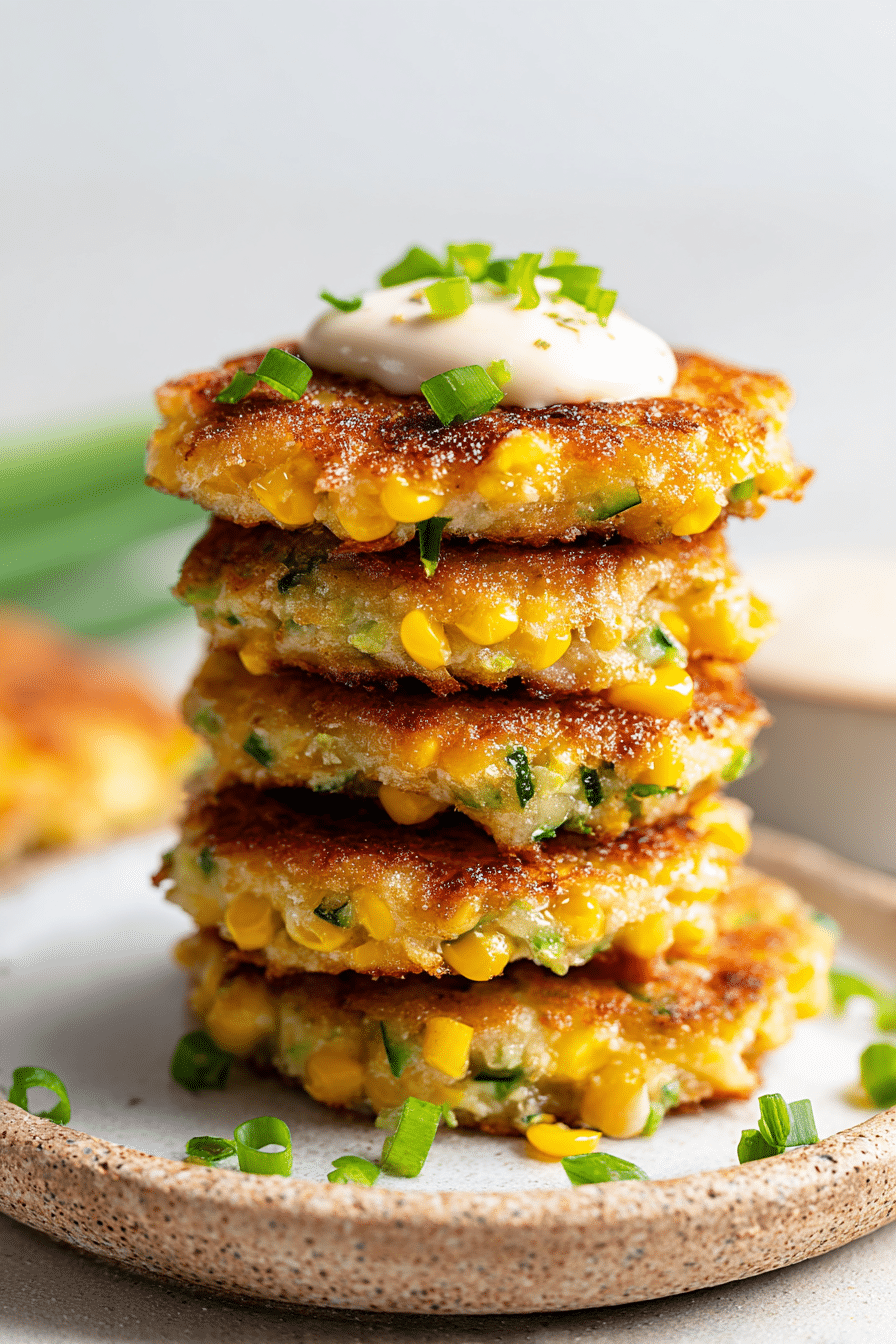 Delicious golden zucchini and corn fritters on a plate with fresh herbs and dipping sauce