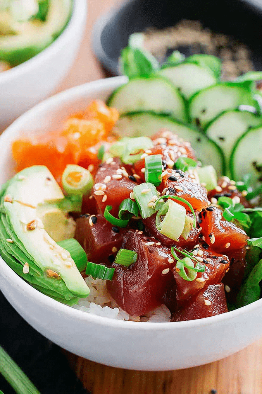 Delicious ahi tuna poke bowl with fresh vegetables and brown rice.