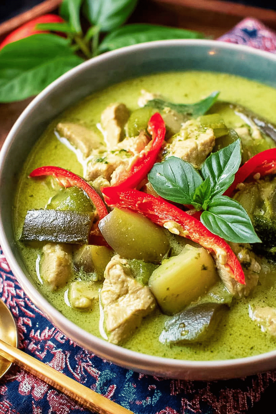 Delicious and colorful authentic Thai green curry chicken with Thai basil and red bell pepper, served with jasmine rice.