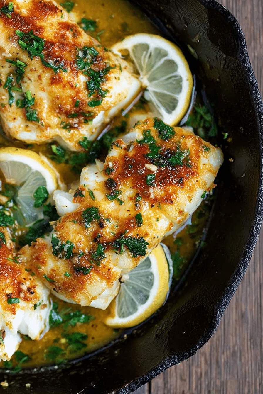 Delicious baked cod fillet with lemon and garlic, garnished with fresh parsley.