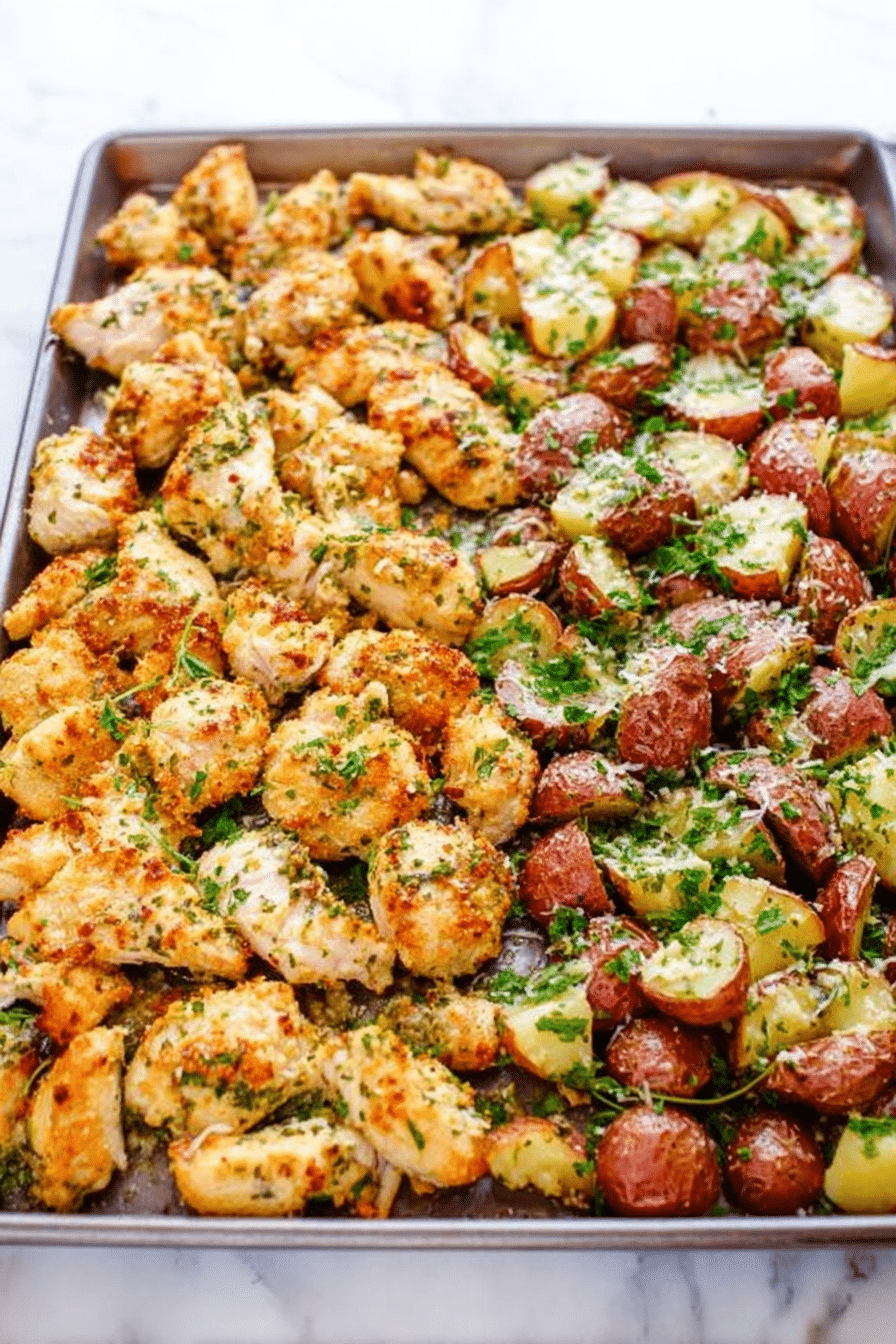 Baked garlic parmesan chicken and potatoes on a plate garnished with parsley.