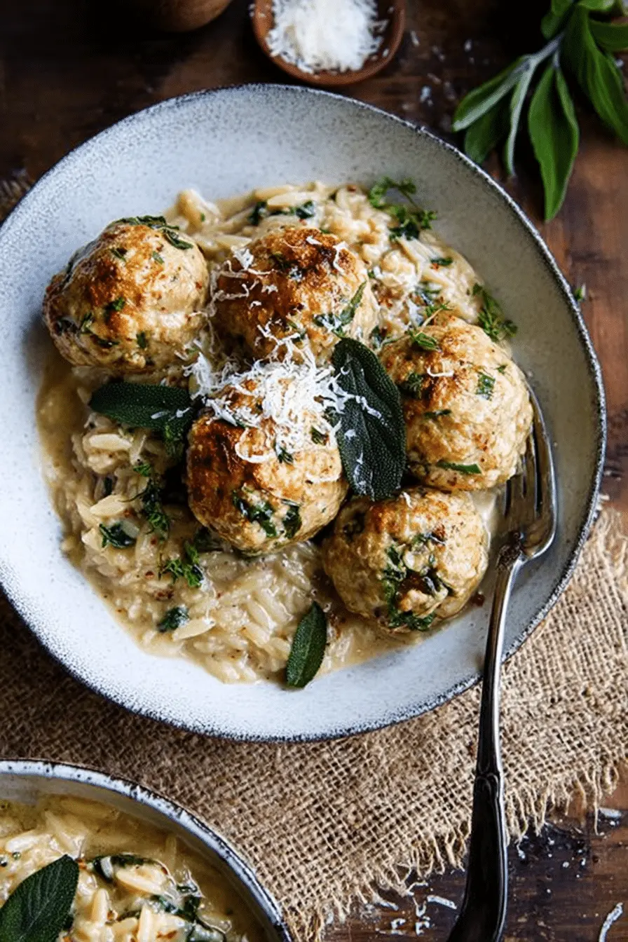 Baked Sage Chicken Meatballs with Parmesan Orzo: A Cozy Dinner