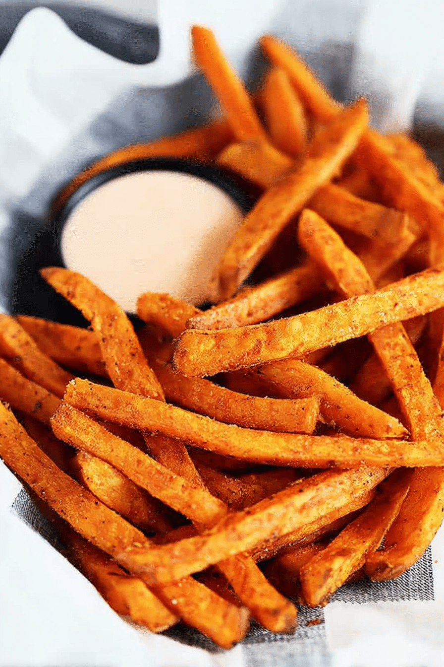 Close-up of crispy baked sweet potato fries with dipping sauce