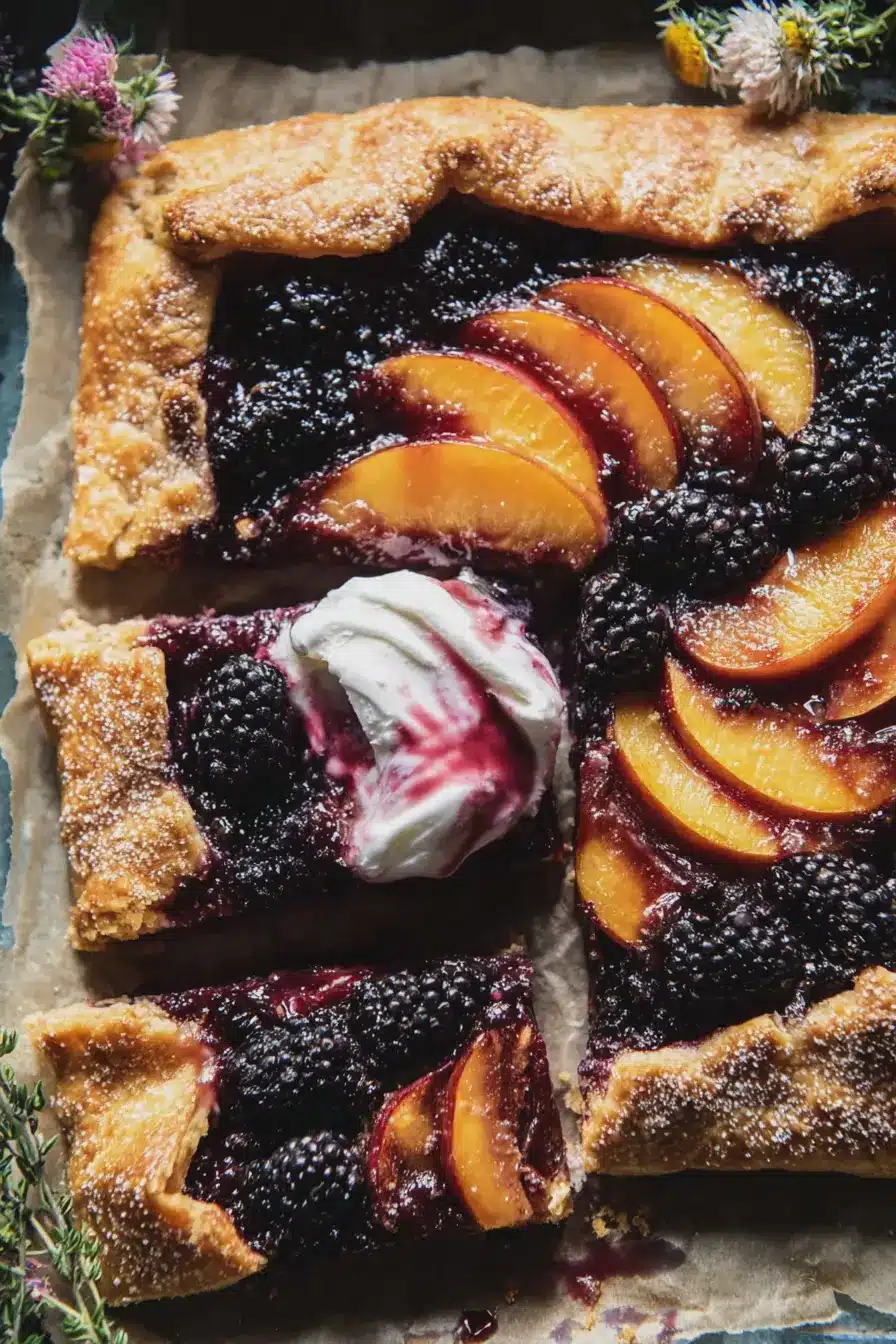 Freshly baked blackberry peach galette with blackberries and peaches on a wooden table.