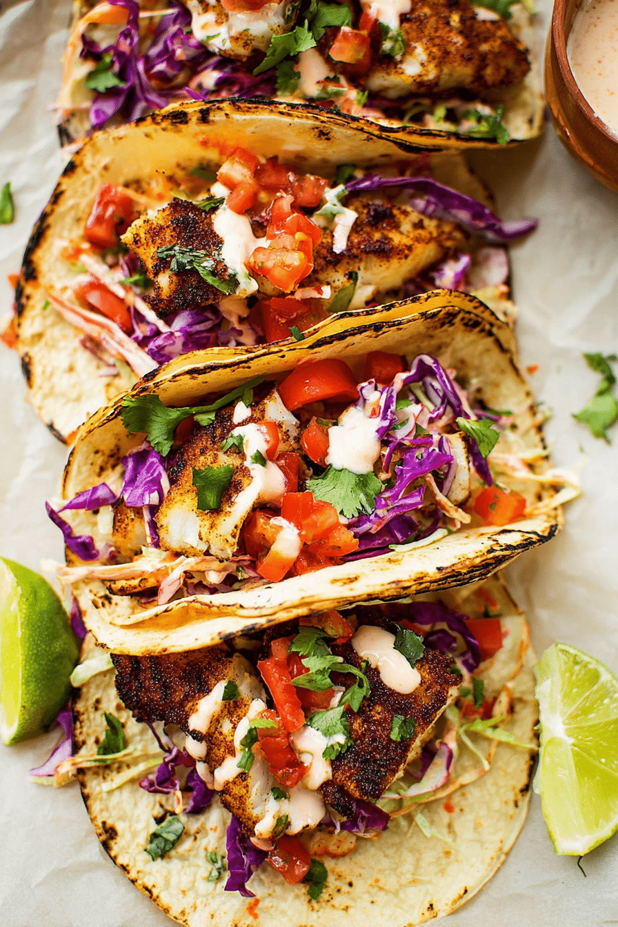 Delicious blackened fish tacos filled with seasoned fish, shredded cabbage, and pico de gallo on a wooden serving board.