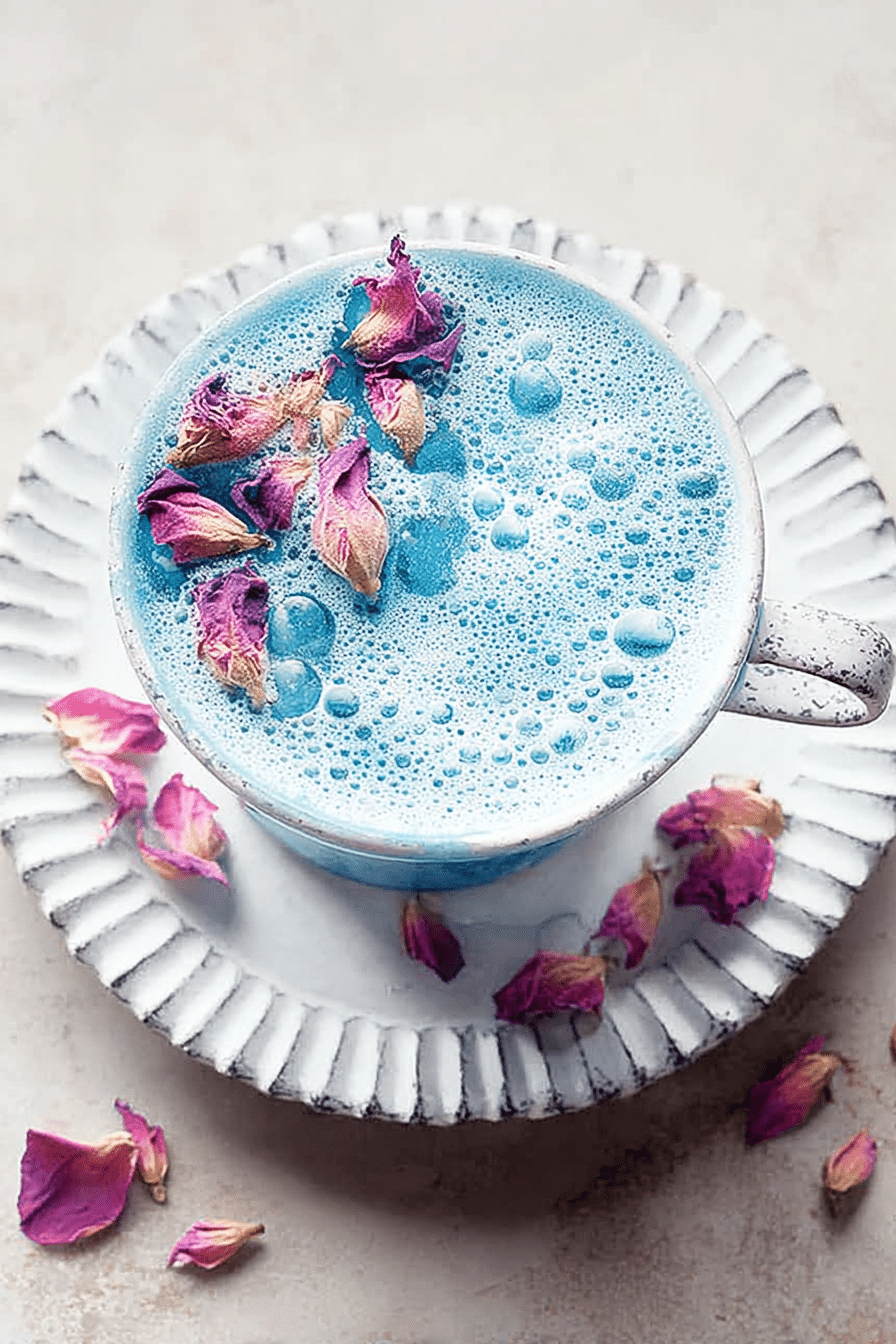 Vibrant blue butterfly pea flower latte in a clear glass garnished with rose petals on a rustic wooden table.