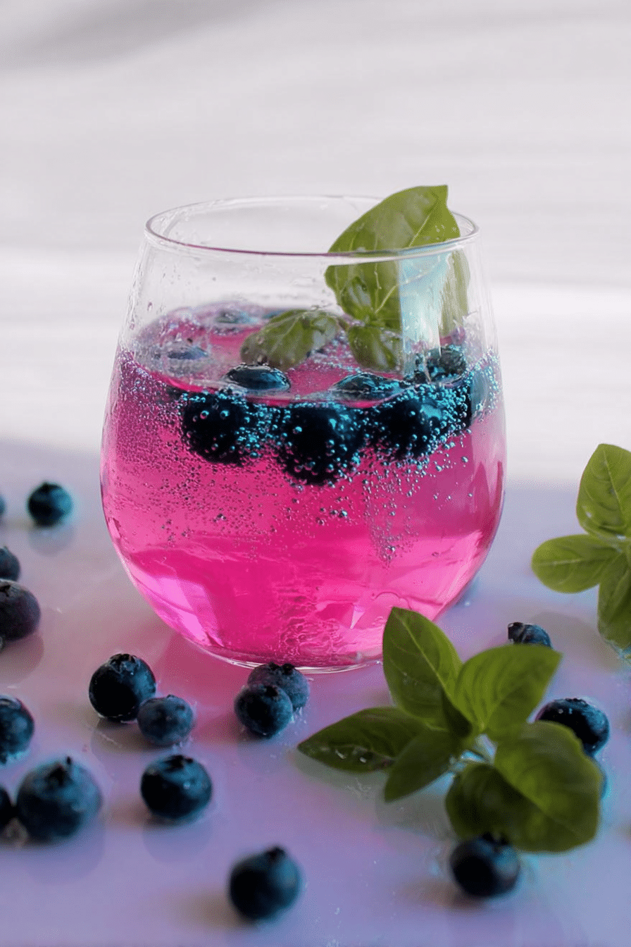 A glass of blueberry basil soda spritzer garnished with blueberries and basil leaves on a wooden countertop