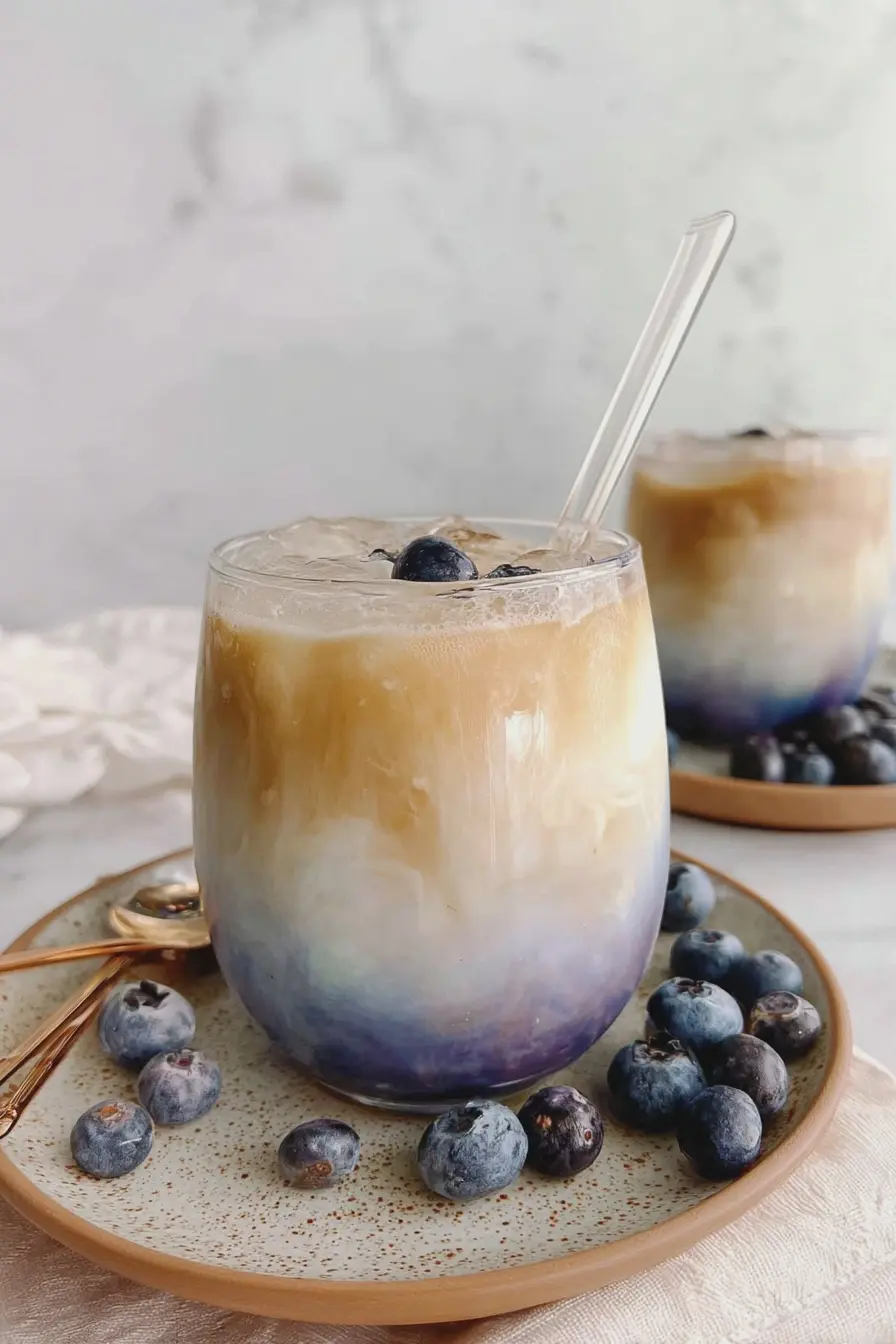 Blueberry latte in a glass with whipped cream and blueberries on a rustic wooden table