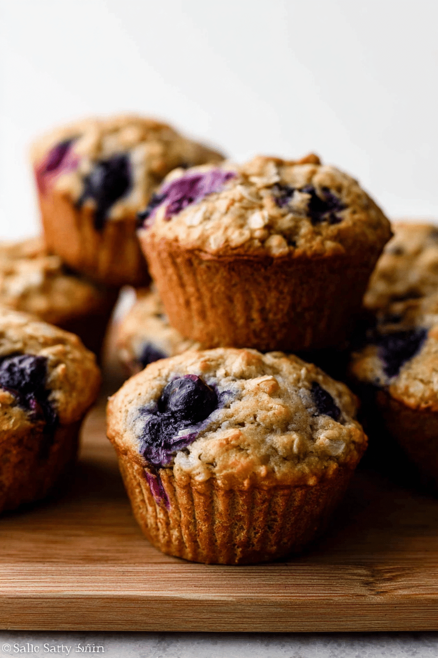 Freshly baked blueberry oatmeal muffins on a wooden table with fresh blueberries.