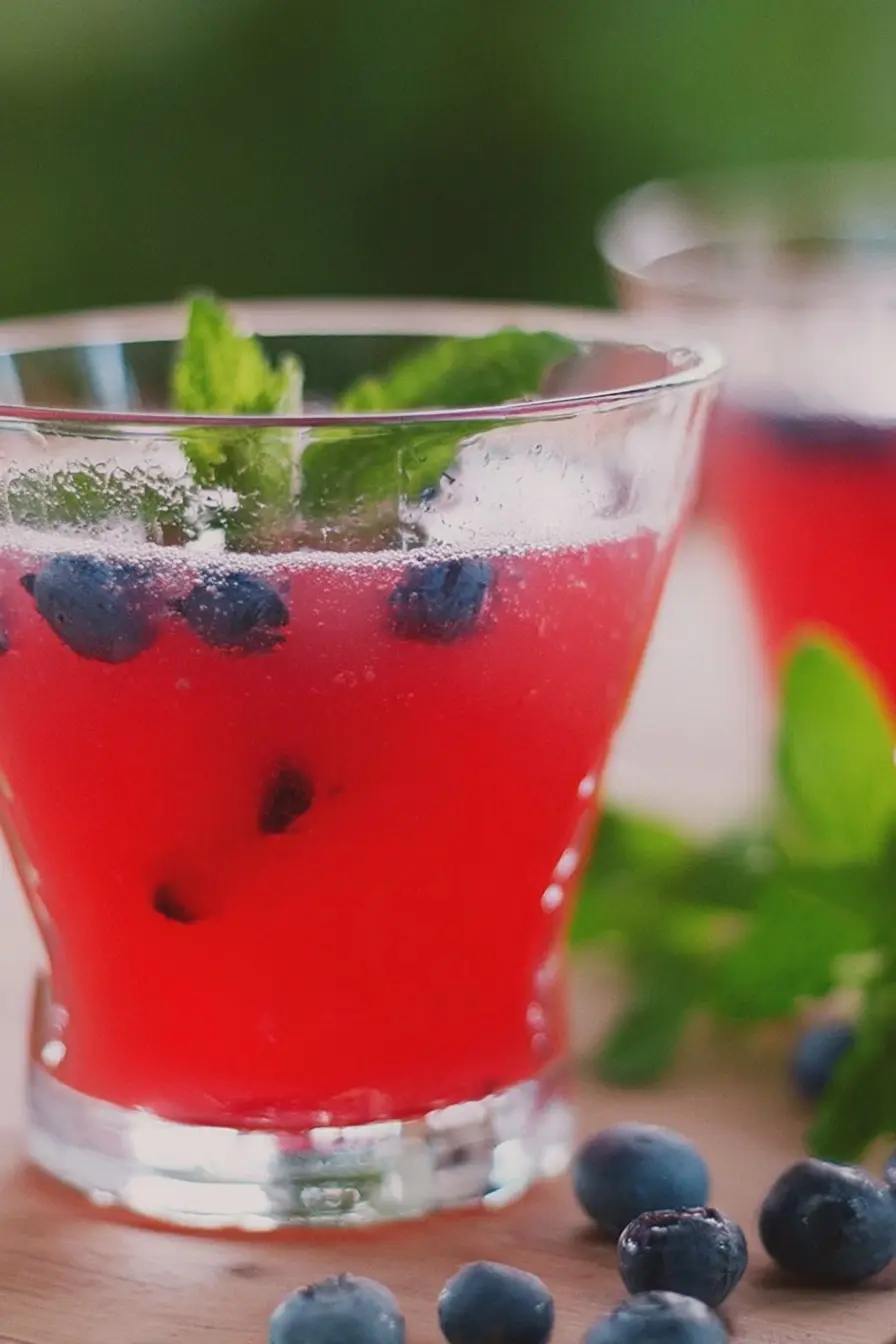 Blueberry raspberry iced tea cooler in a glass with fresh berries and lemon, perfect for summer.