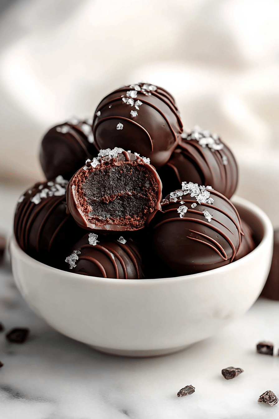 Decadent chocolate brownie truffles garnished with colorful sprinkles on a white plate.