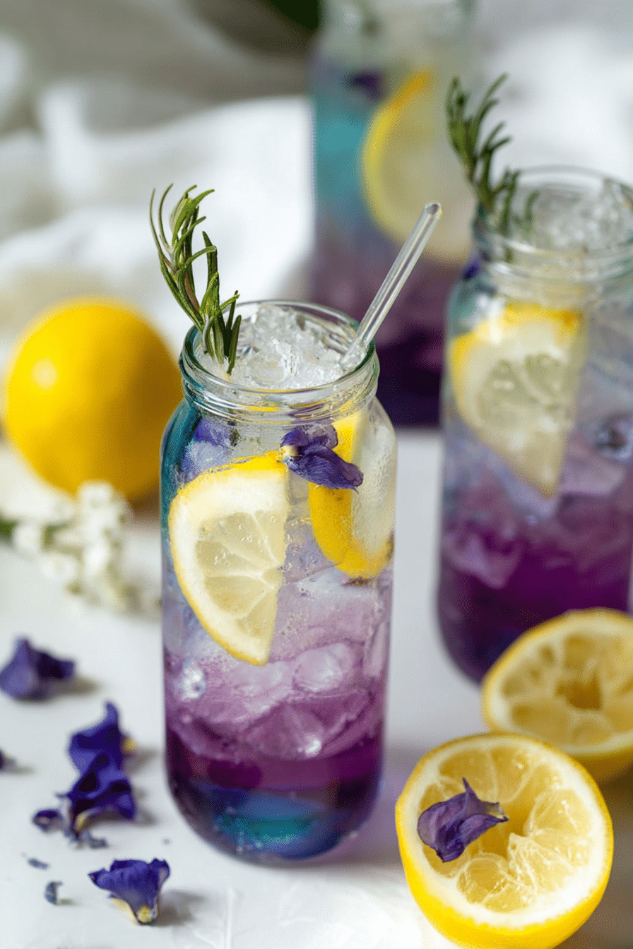 Refreshing butterfly pea tea lemonade in a glass with ice and lemon garnishes.