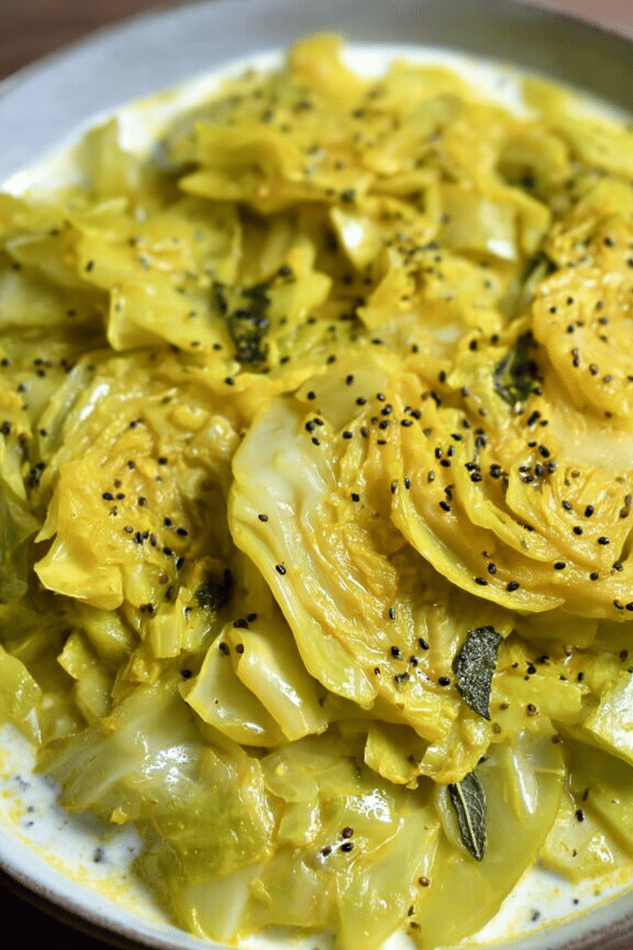 A colorful bowl of cabbage in mild yogurt and mustard seed curry, garnished with herbs, on a rustic wooden table.