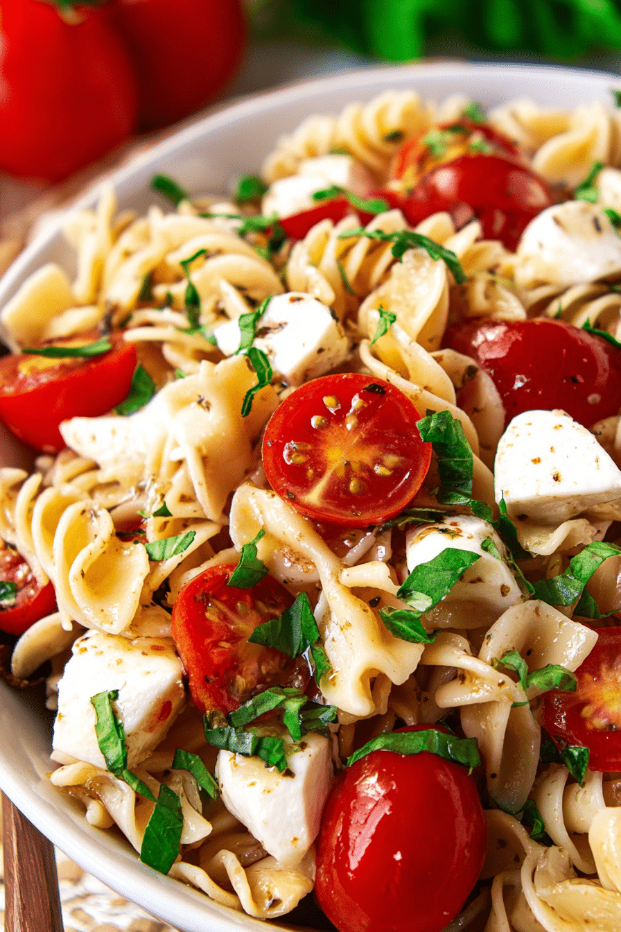 A fresh and colorful Caprese pasta salad with tomatoes, mozzarella, and basil in a wooden bowl on a table.