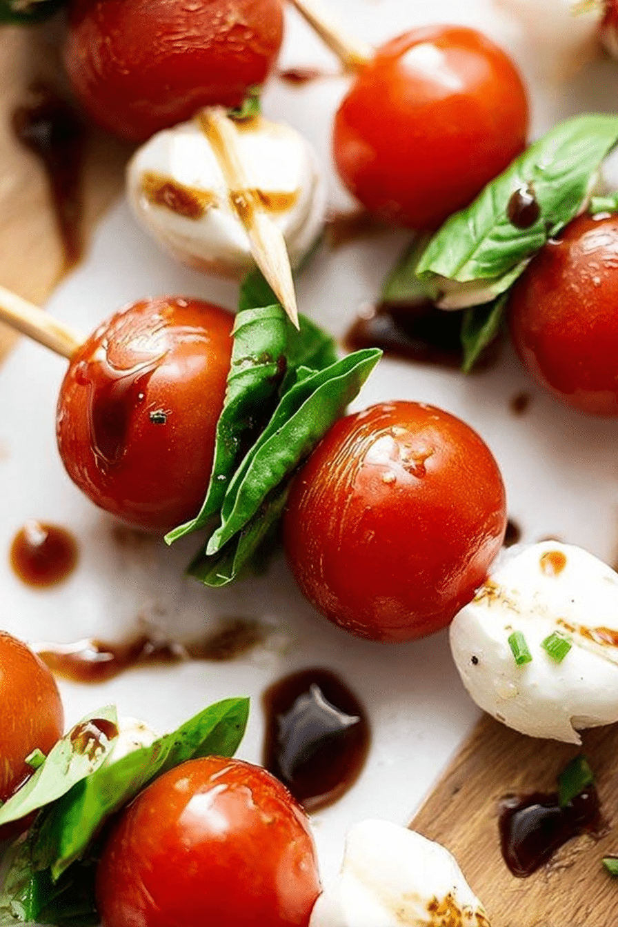 Caprese skewers with cherry tomatoes, mozzarella, and basil on a wooden platter with balsamic drizzle.