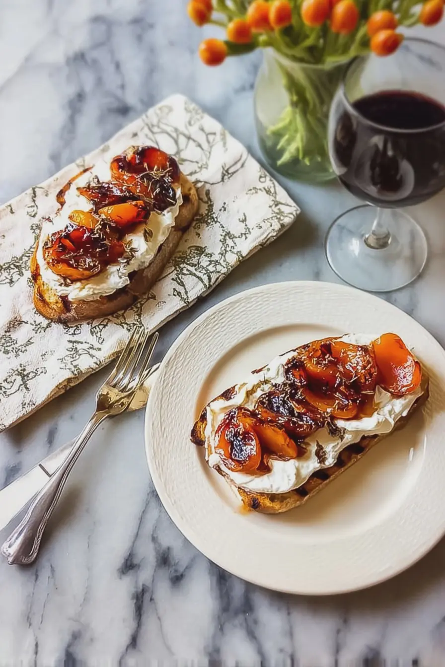 Caramelized apricot and ricotta tartine with fresh rosemary and hot honey on a rustic cutting board