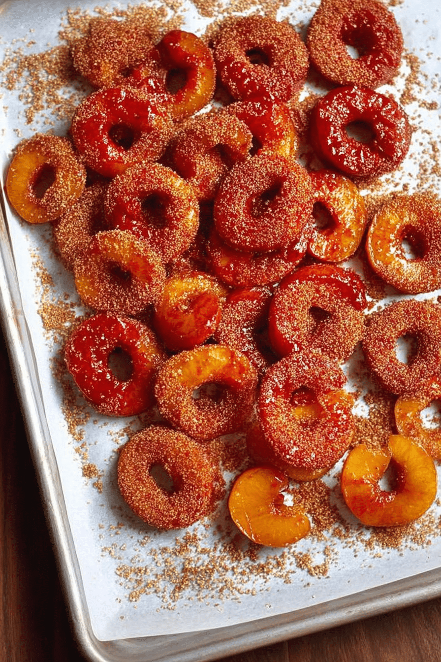 Vibrant chamoy peach rings in a bowl with Tajín seasoning, highlighting the sweet and spicy flavors of Mexican gummies.