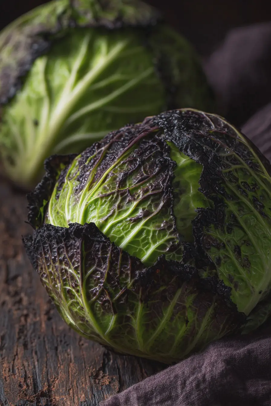 Charred purple cabbage drizzled with olive oil, perfect for a side dish with balsamic vinegar.