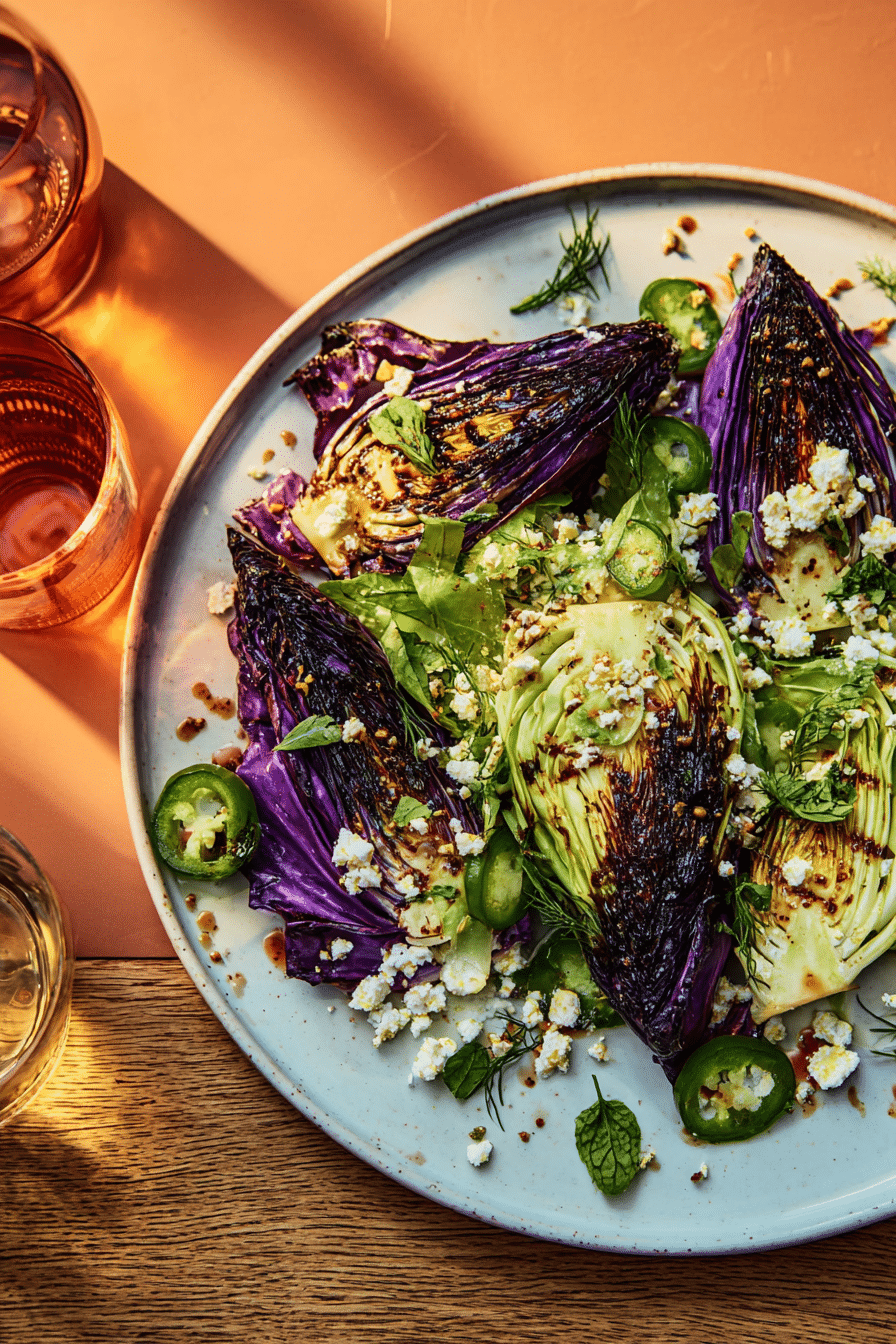 Charred grilled cabbage wedge topped with fresh herbs and olive oil, showcasing its smoky texture and juicy interior.