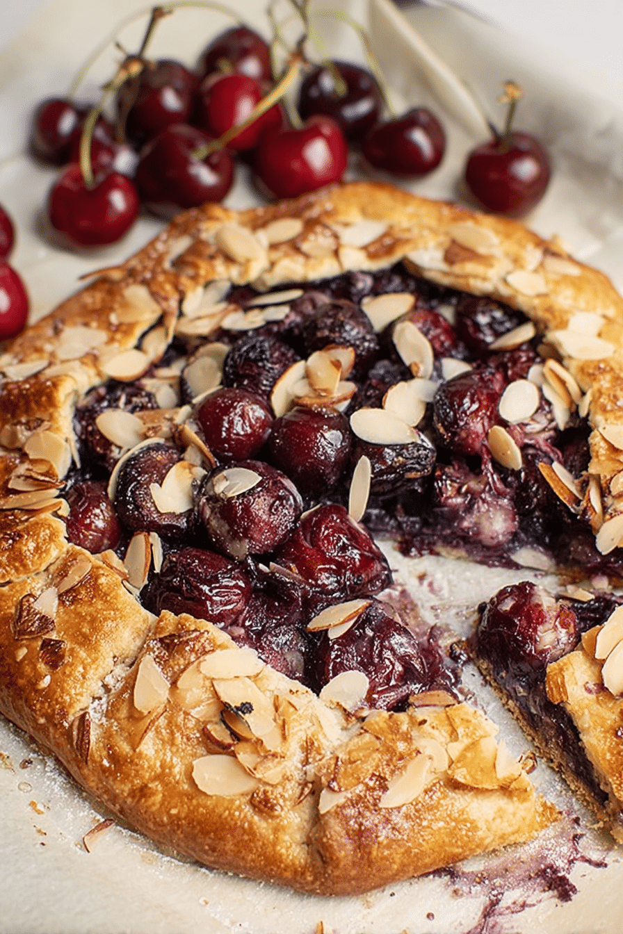 Slice of cherry & almond galette topped with vanilla ice cream and fresh cherries on a wooden table.