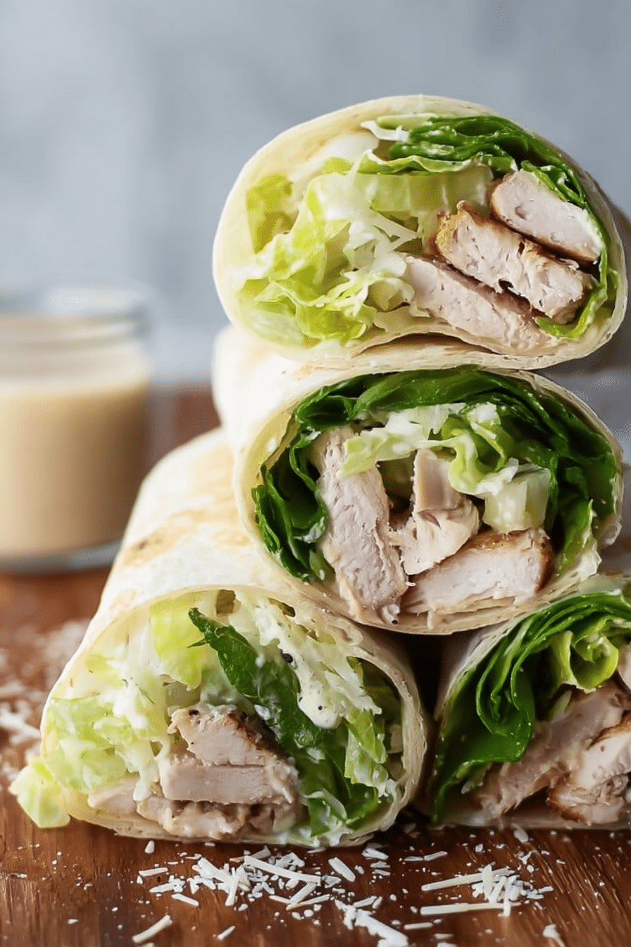 Sliced Chicken Caesar Wrap on a wooden board with Caesar dressing and fresh lettuce.