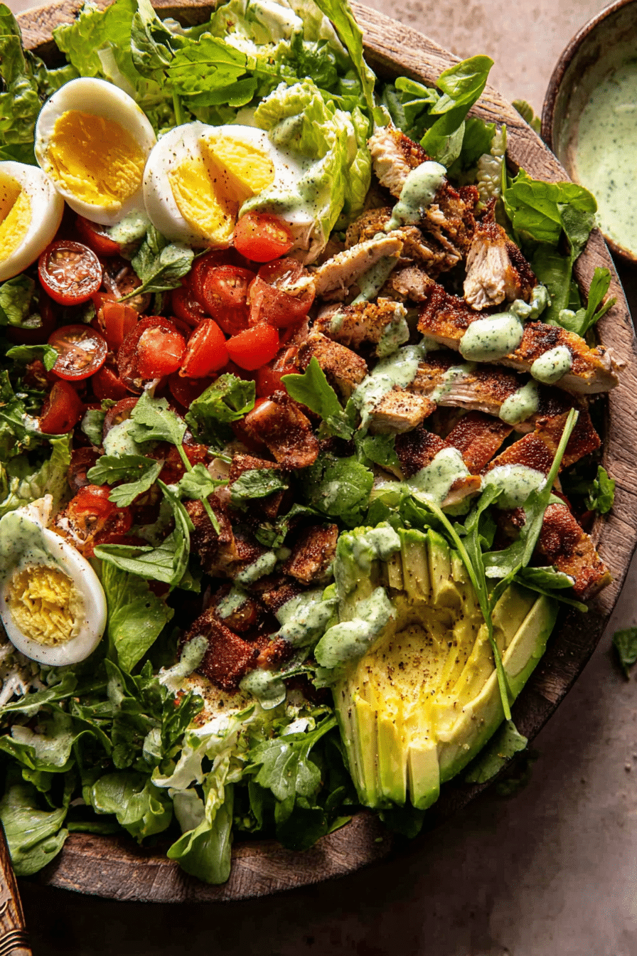 Colorful Chicken Cobb Salad featuring grilled chicken, avocado, cherry tomatoes, and blue cheese with Avocado Ranch dressing.