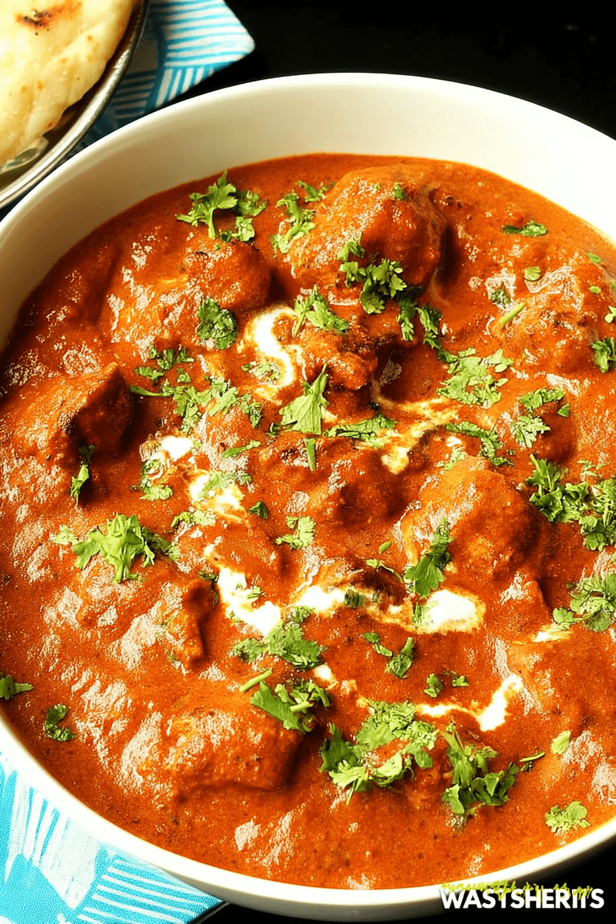 Delicious chicken tikka masala with coriander and cream, accompanied by butter naan and basmati rice.