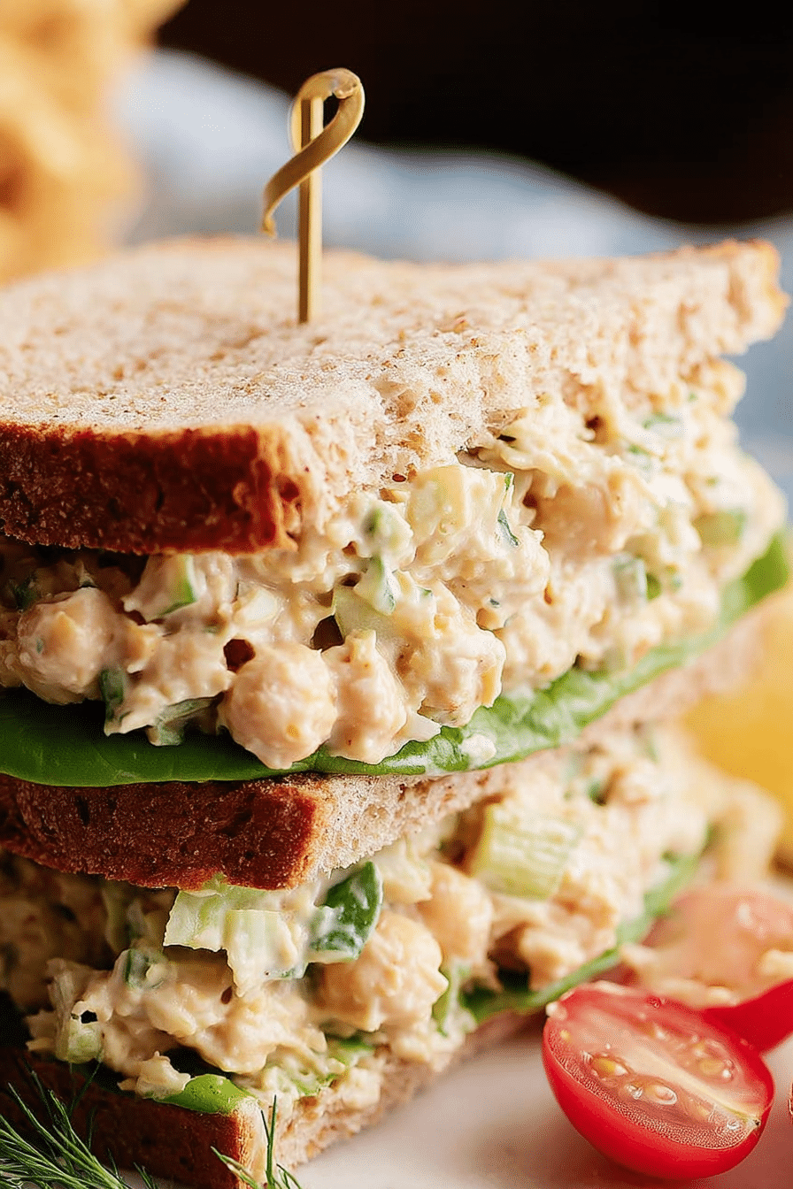 Close-up of a delicious chickpea salad sandwich featuring fresh herbs and colorful salad on the side.
