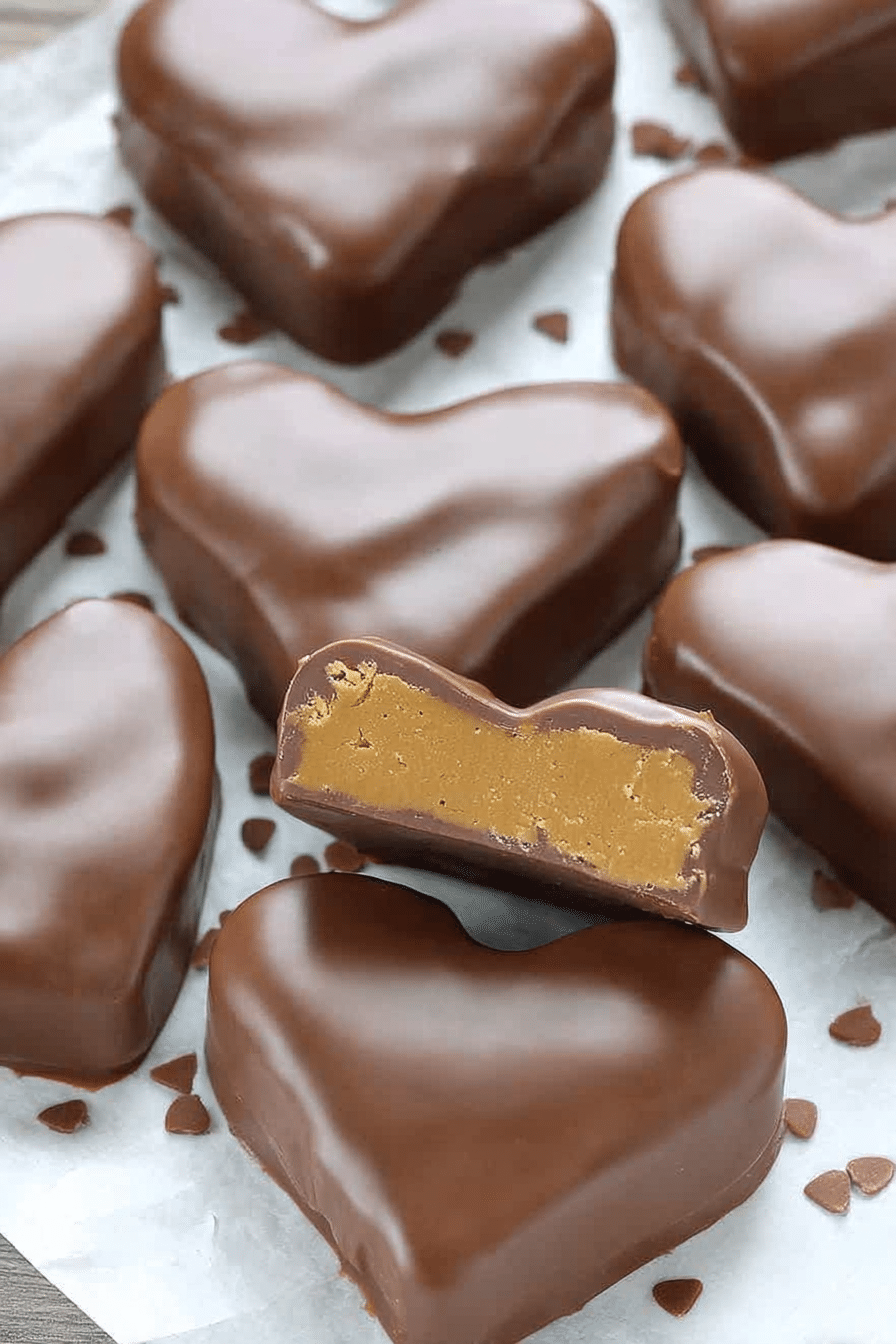 Delicious chocolate peanut butter hearts served on a romantic plate with rose petals, ideal for Valentine\'s Day.