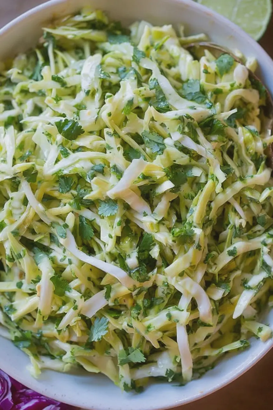 A refreshing bowl of cilantro lime cabbage salad with lime wedges and avocado on a wooden table.