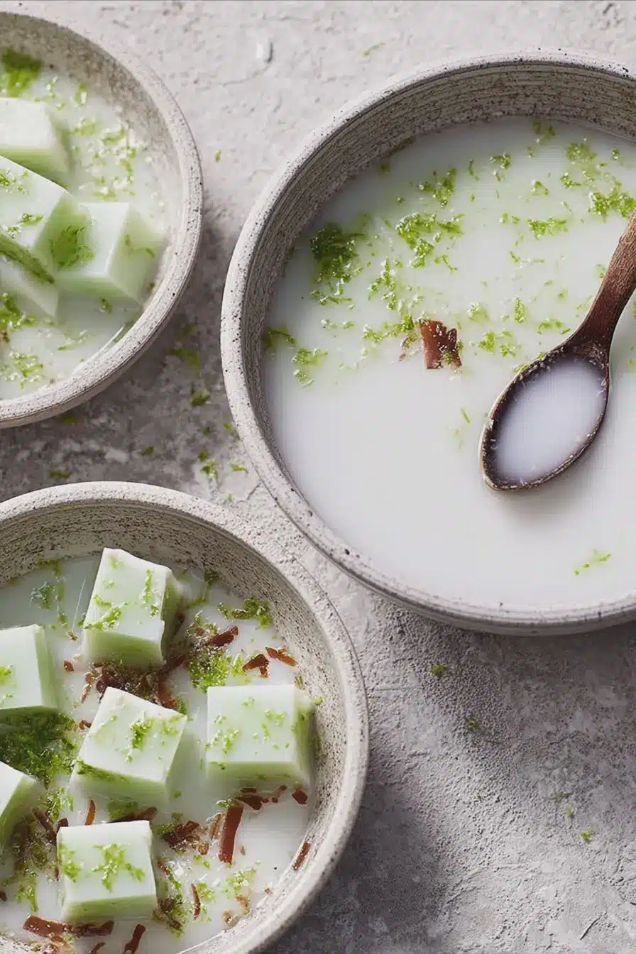 Coconut-and-lime jelly bowls served elegantly with fresh coconut and lime zest garnishing on a rustic wooden table.