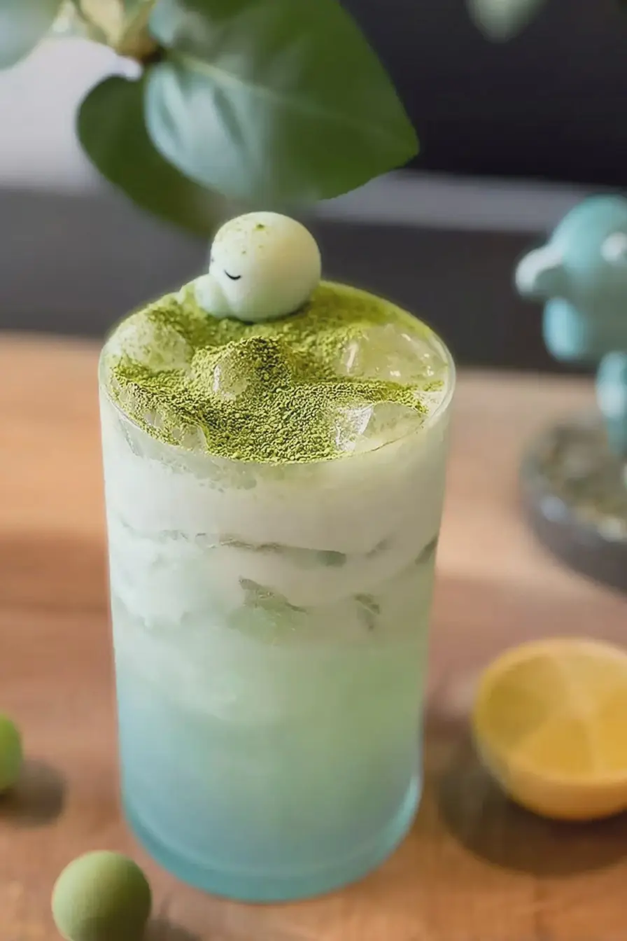 Coconut Matcha Cloud drink with layers of green matcha and coconut water, garnished with fresh mint on a wooden table.