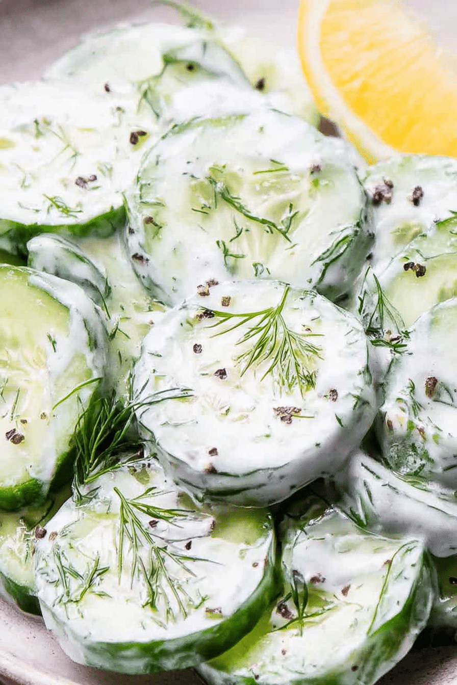 Fresh cucumber dill salad in a white bowl with dill garnish and lemon slices on the side.