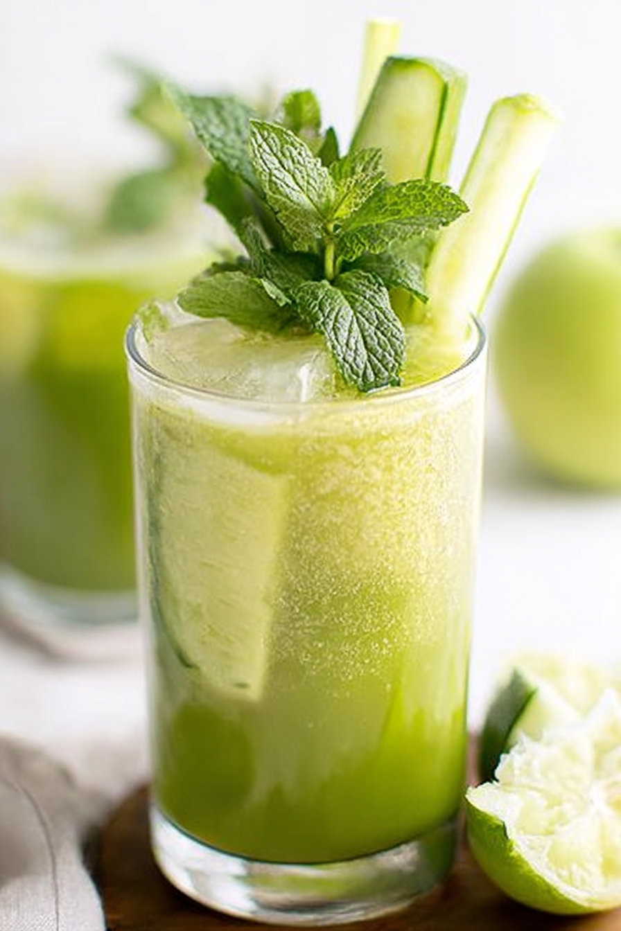 Refreshing cucumber mint cooler served in a glass, garnished with mint and cucumber slices, with ingredients displayed around.