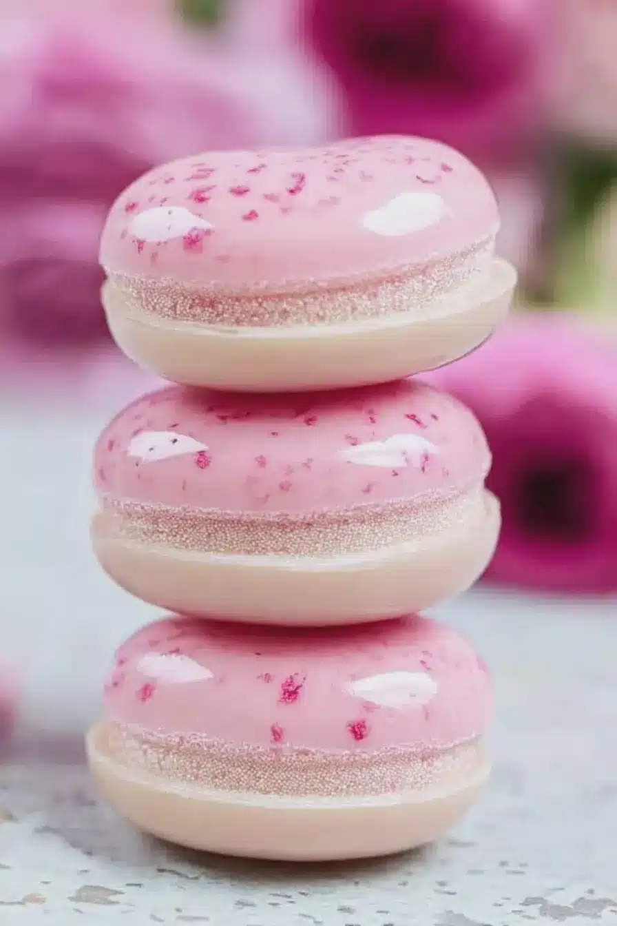 Delicate lychee rose macarons on a decorative plate with fresh lychees and rose petals.