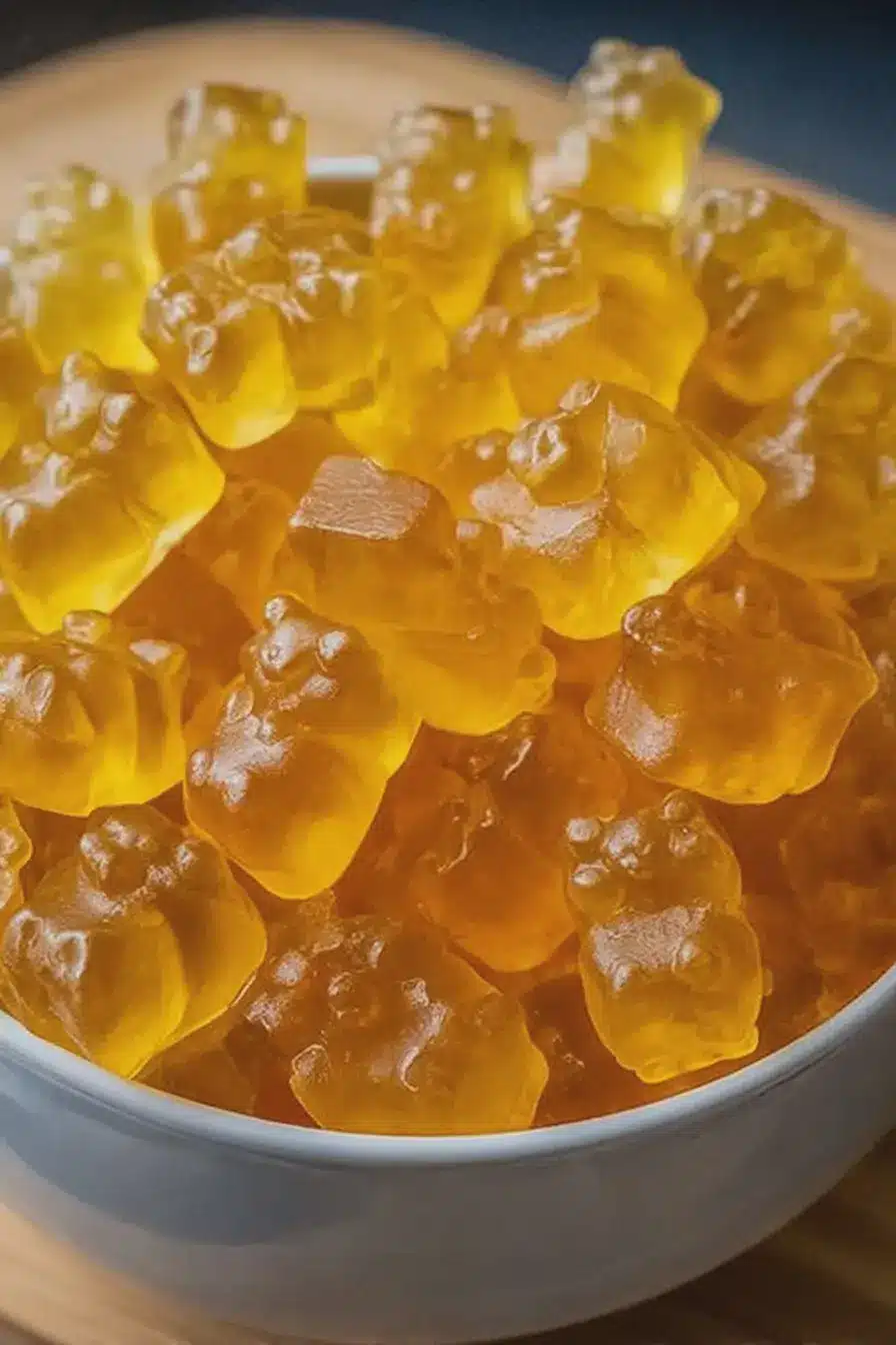 Close-up of colorful DIY honey lemon gummy bears on a tray with fresh lemons and a jar of honey.