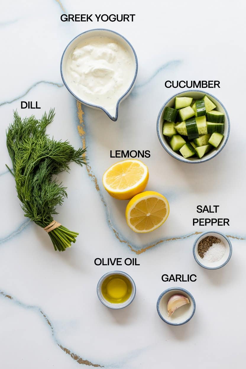 Ingredients for tzatziki sauce preparation