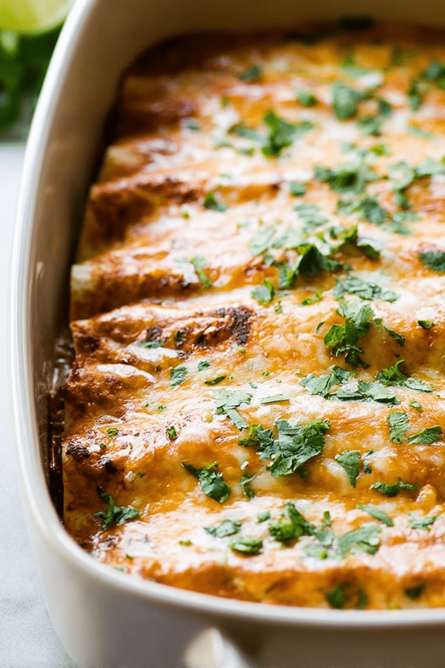 Delicious baked easy chicken enchiladas topped with cilantro and sour cream on a wooden table.