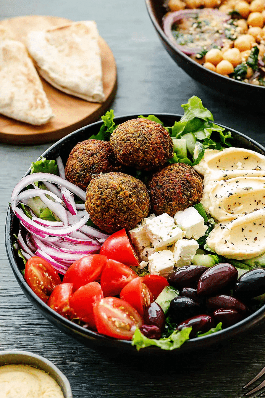 A vibrant falafel salad bowl with mixed greens, cherry tomatoes, falafels, feta cheese, and mustard hummus.