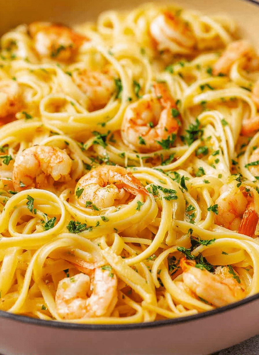 Plate of garlic butter shrimp pasta with lemon and parsley garnish