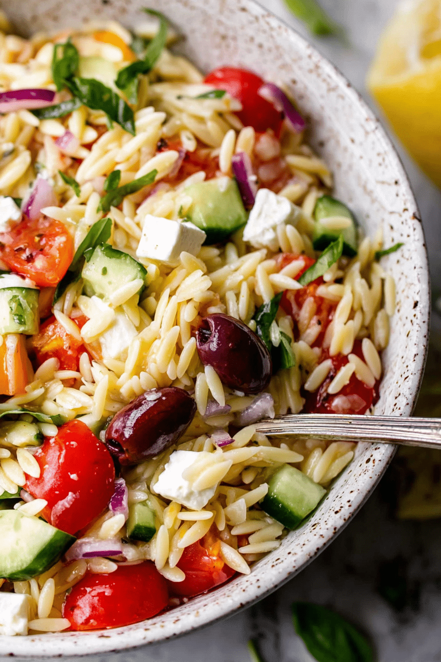 Colorful Greek Orzo Salad with feta cheese and fresh vegetables in a bowl.