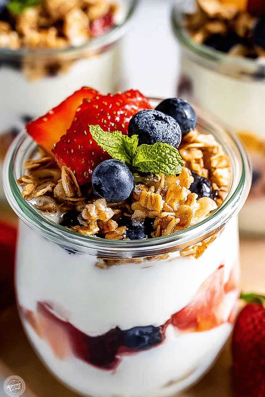 Layered Greek yogurt parfait with fresh berries and granola in a mason jar