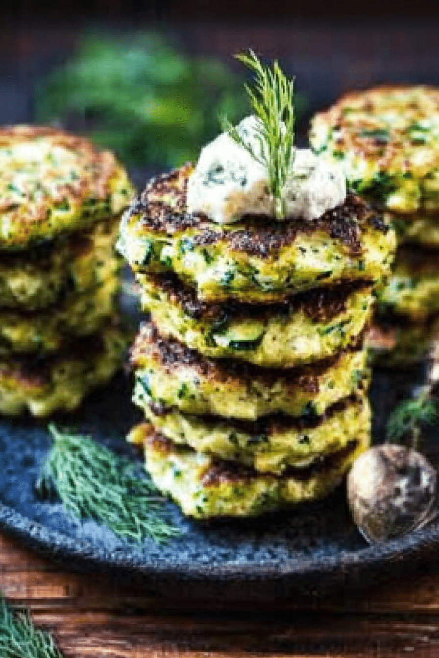 Golden brown Greek zucchini fritters with dill and tzatziki sauce