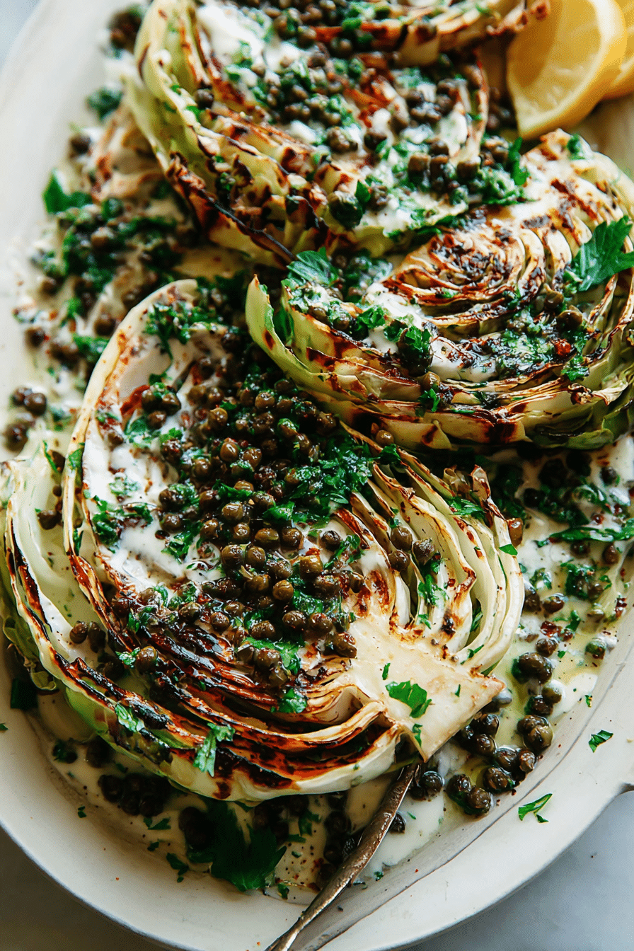 Grilled cabbage steak with jalapeño chimichurri lentils and maple mustard tahini on a white plate, garnished with parsley.