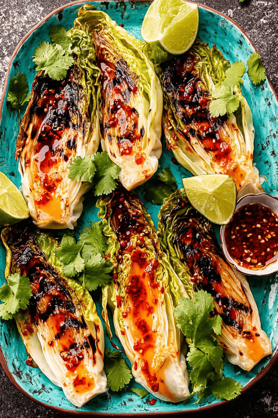 Grilled Napa cabbage drizzled with sweet chili sauce and garnished with cilantro and lime