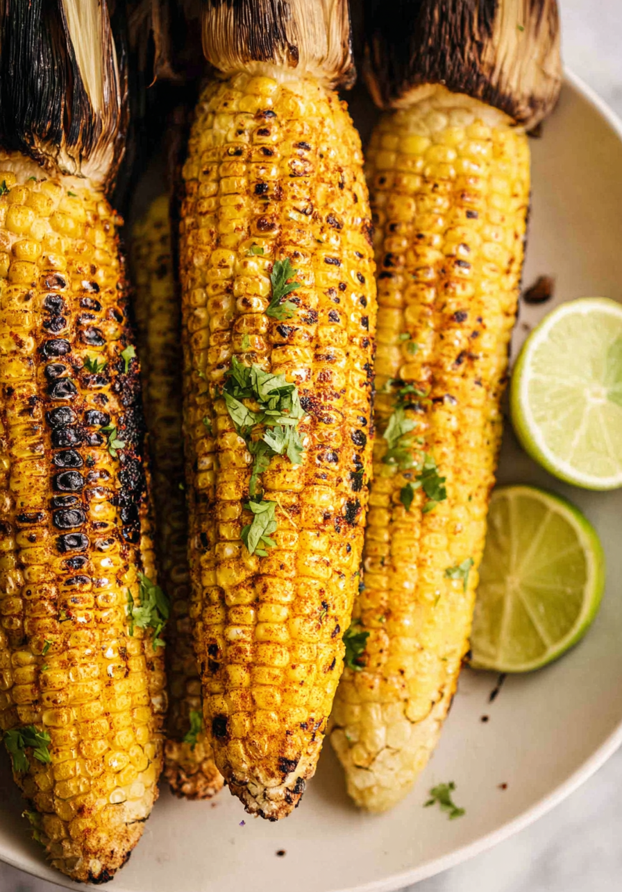 Deliciously grilled corn on the cob with butter, salt, and pepper, perfect for summer barbecues.