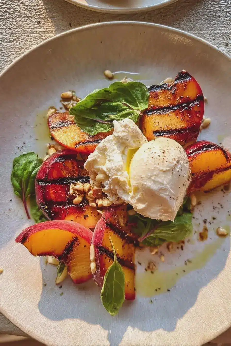 Grilled Peach & Burrata Salad topped with fresh basil and pine nuts on a rustic wooden table.