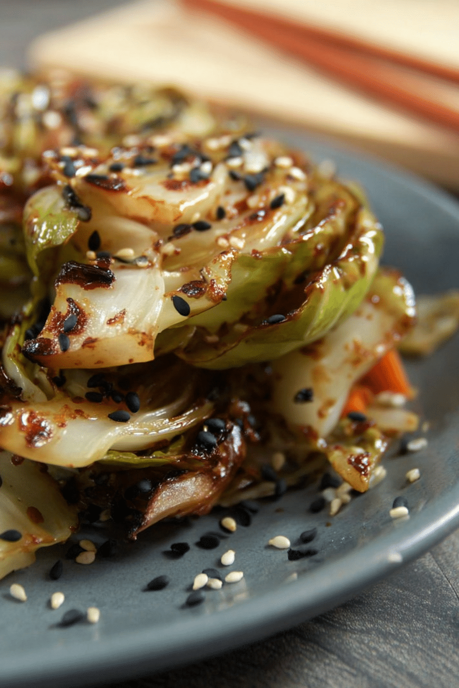 Grilled sesame ginger cabbage on a wooden table, garnished with sesame seeds and herbs.