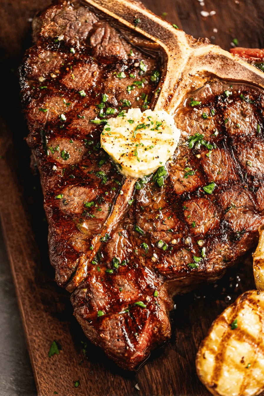Juicy grilled T-Bone steak with grill marks and melting cowboy butter on a wooden cutting board.