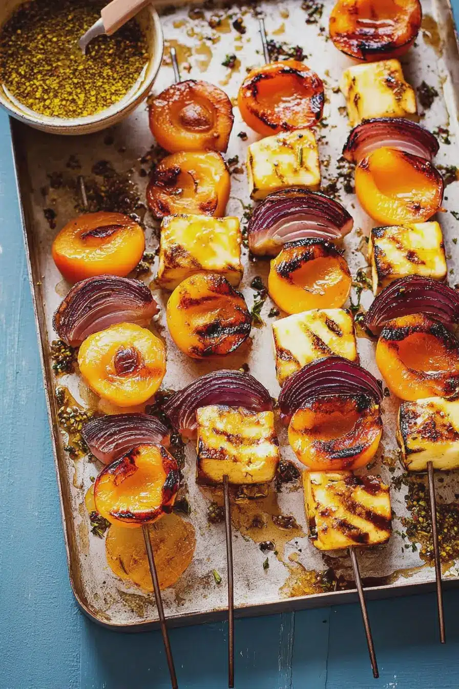 Grilled halloumi, apricot, and onion skewers on a wooden table, showcasing bright colors and Mediterranean ingredients.